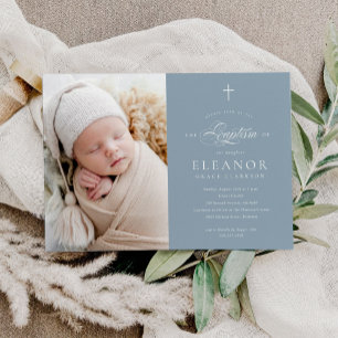 Budget Elegant Cross Calligraphy Photo Baptism Invitation