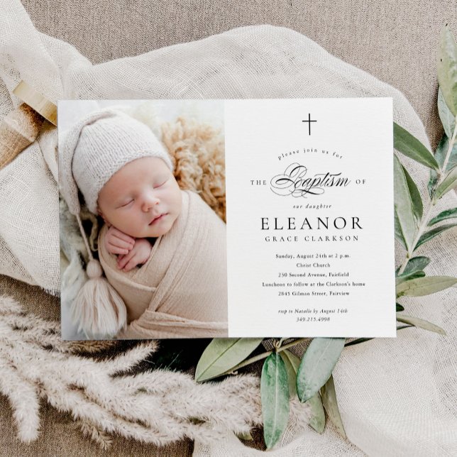 Budget Elegant Cross Calligraphy Photo Baptism Invitation (Creator Uploaded)