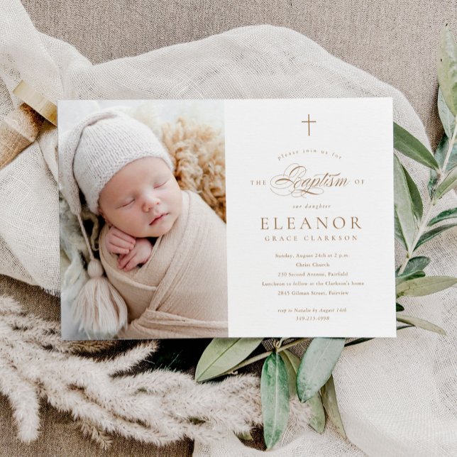 Budget Elegant Cross Calligraphy Photo Baptism Invitation (Creator Uploaded)