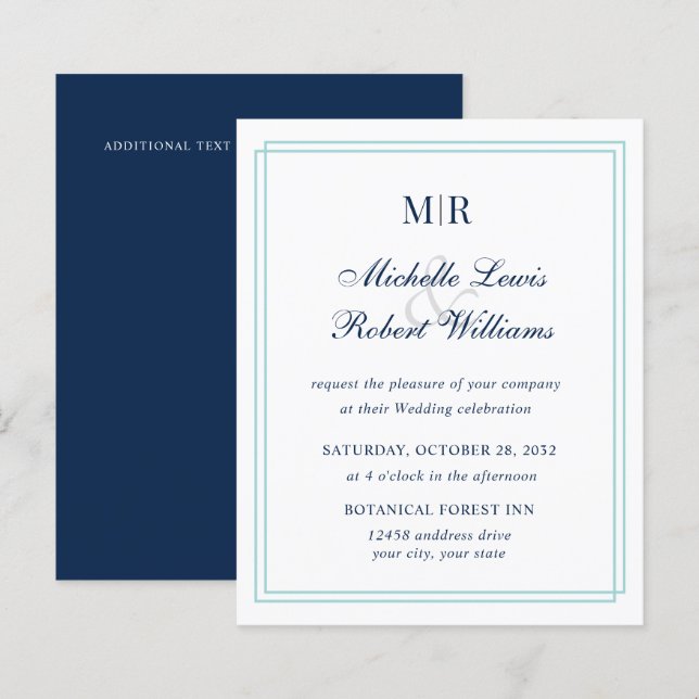 BUDGET Elegant Double Border Monogram Teal Wedding (Front/Back)