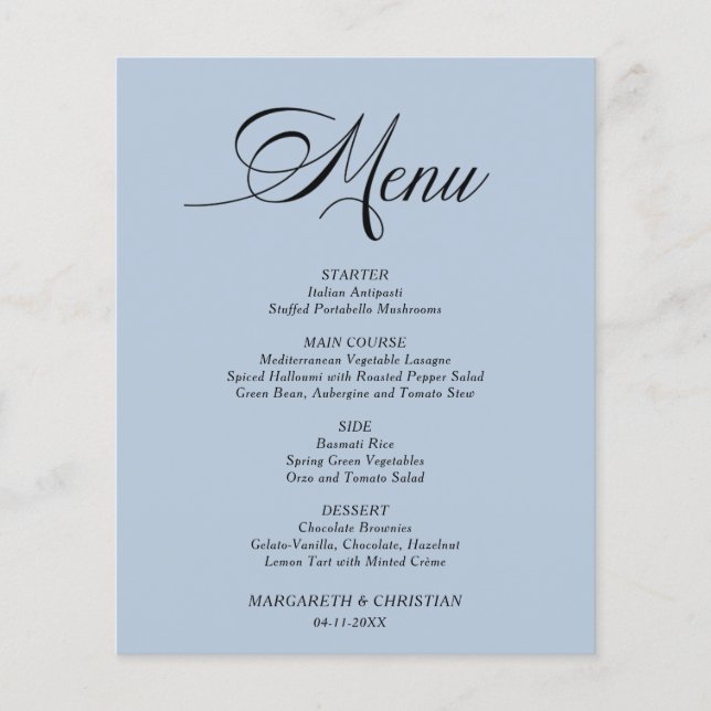 Budget Elegant Dusty Blue Minimalist Wedding Menu (Front)