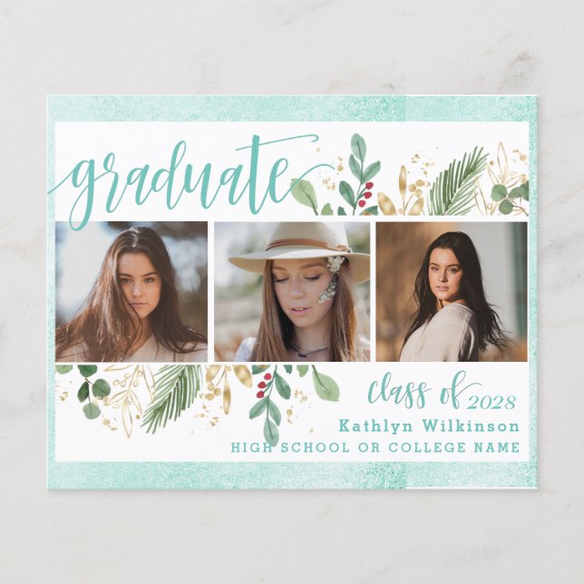 BUDGET Elegant Eucalyptus 3 Photo Grad Invitation (Front)