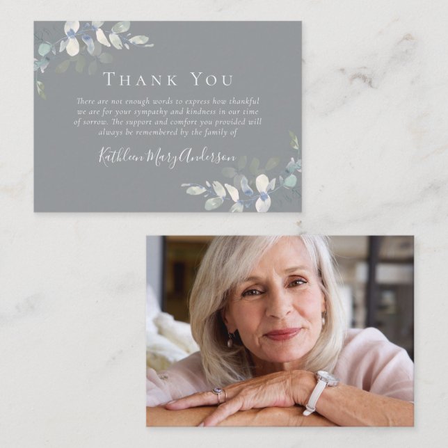 BUDGET Elegant Eucalyptus Photo Funeral Thank You  Note Card (Front/Back)