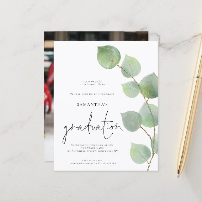 Budget Elegant Eucalyptus Photo Grad Invitation (Front/Back In Situ)