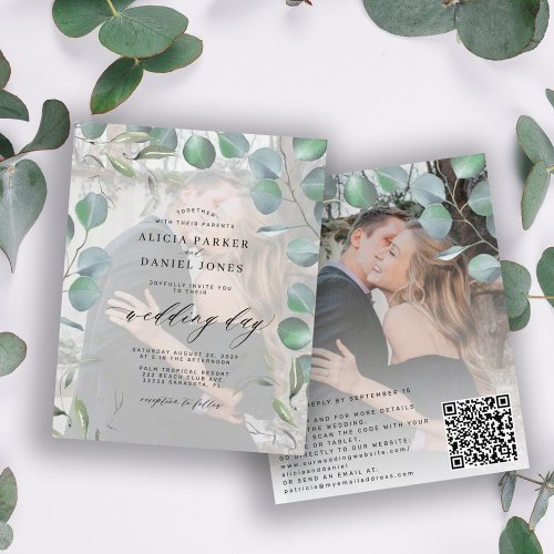Budget elegant eucalyptus photo wedding invitation