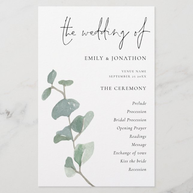 Budget Elegant Eucalyptus Script Wedding Program (Front)