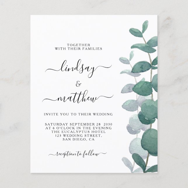 Budget Elegant Eucalyptus Wedding Invitation (Front)