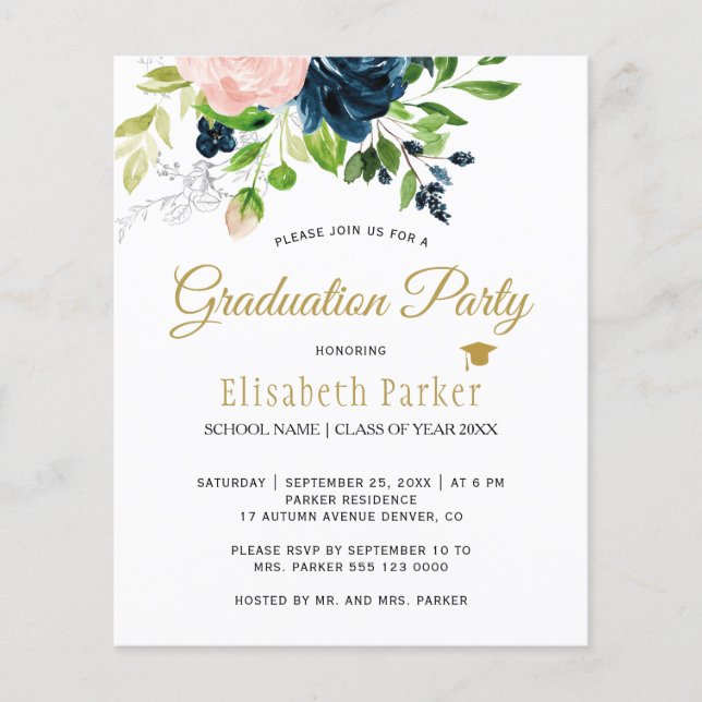 Budget elegant floral graduation party Invitation Flyer (Front)