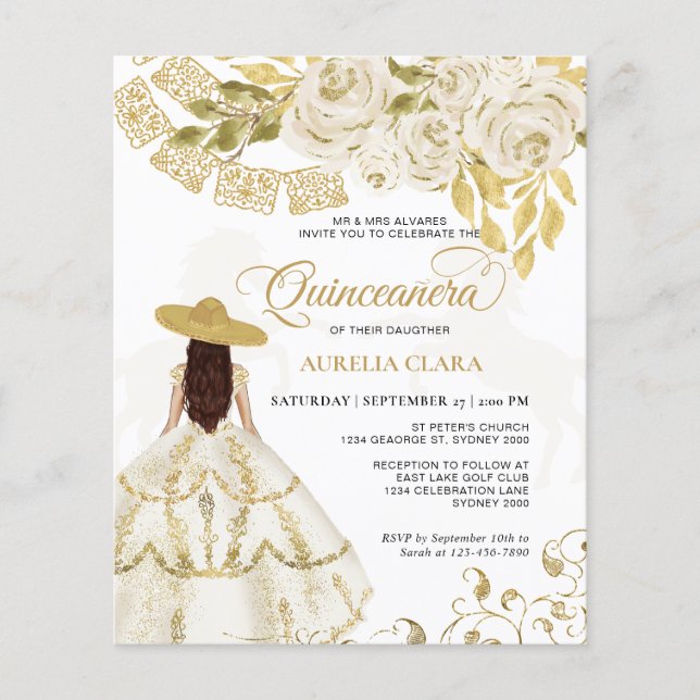 Budget Elegant Floral Ivory Gold Horse Quinceañera (Front)