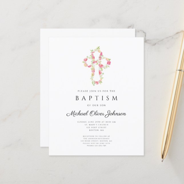 Budget Elegant Floral Pink Cross Baptism Invite (Front/Back In Situ)