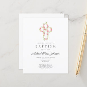 Budget Elegant Floral Pink Cross Baptism Invite