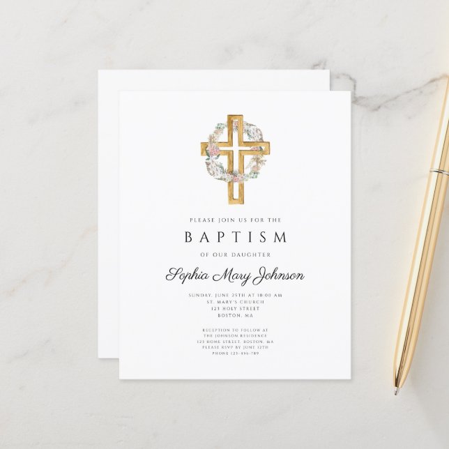 Budget Elegant Floral Wreath Cross Baptism Invite (Front/Back In Situ)