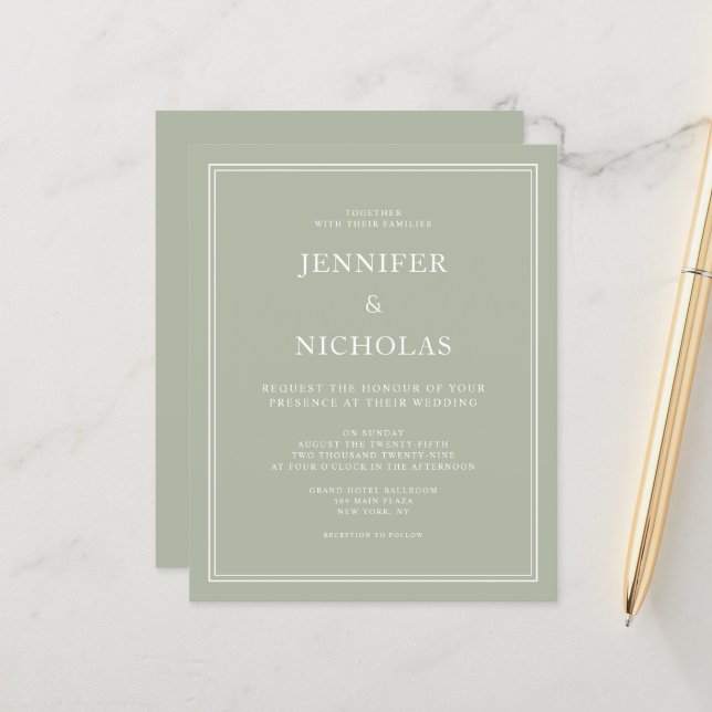 Budget Elegant Formal Sage Green Wedding Invite (Front/Back In Situ)