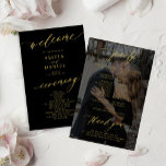Budget elegant gold black photo wedding program<br><div class="desc">Modern simple minimalist faux gold script trendy solid black ceremony and party BUDGET affordable wedding program template featuring chic trendy romantic elegant calligraphy and custom photo dark overlay on the backside.              Easy to personalize with your custom text and picture on both sides!</div>