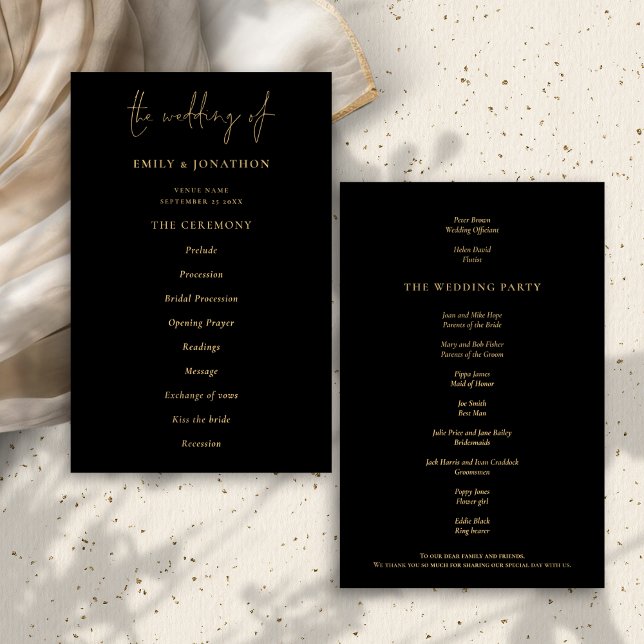 Budget Elegant Gold Black Wedding Program (Front and back view)