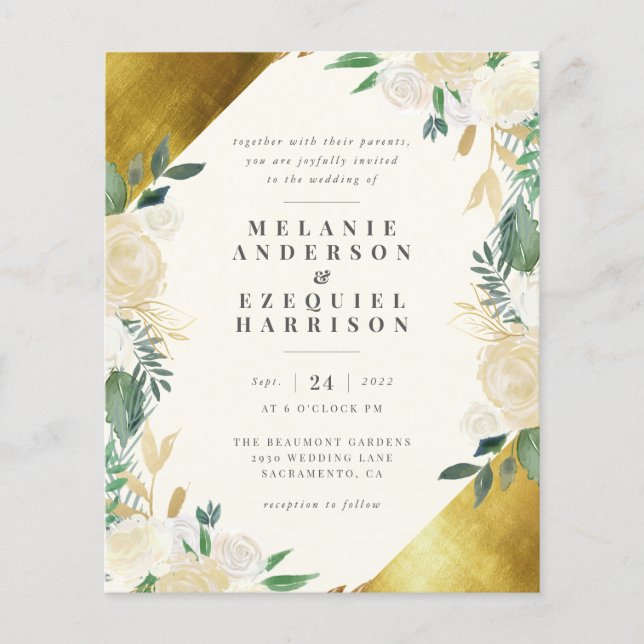 Budget Elegant Gold Geometric Floral Wedding (Front)