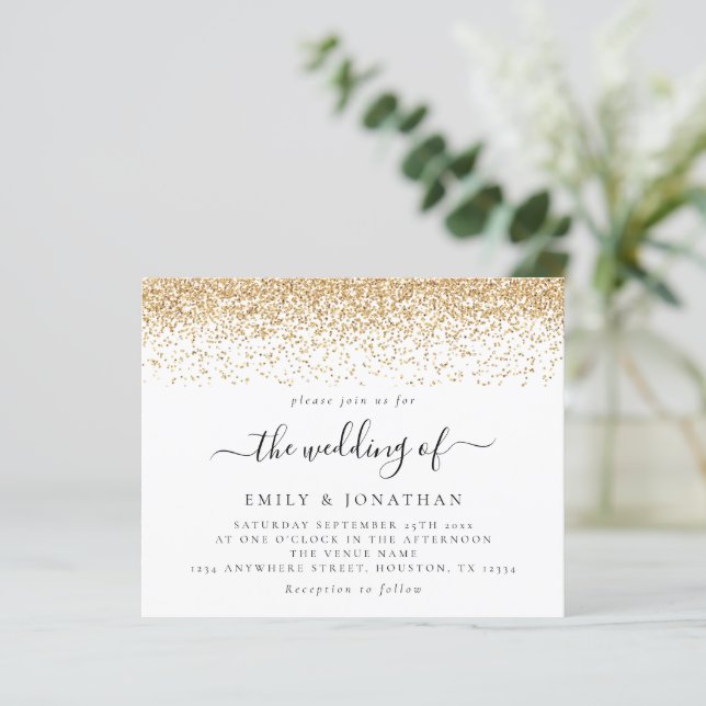 Budget Elegant Gold Glitter Wedding Invite (Standing Front)
