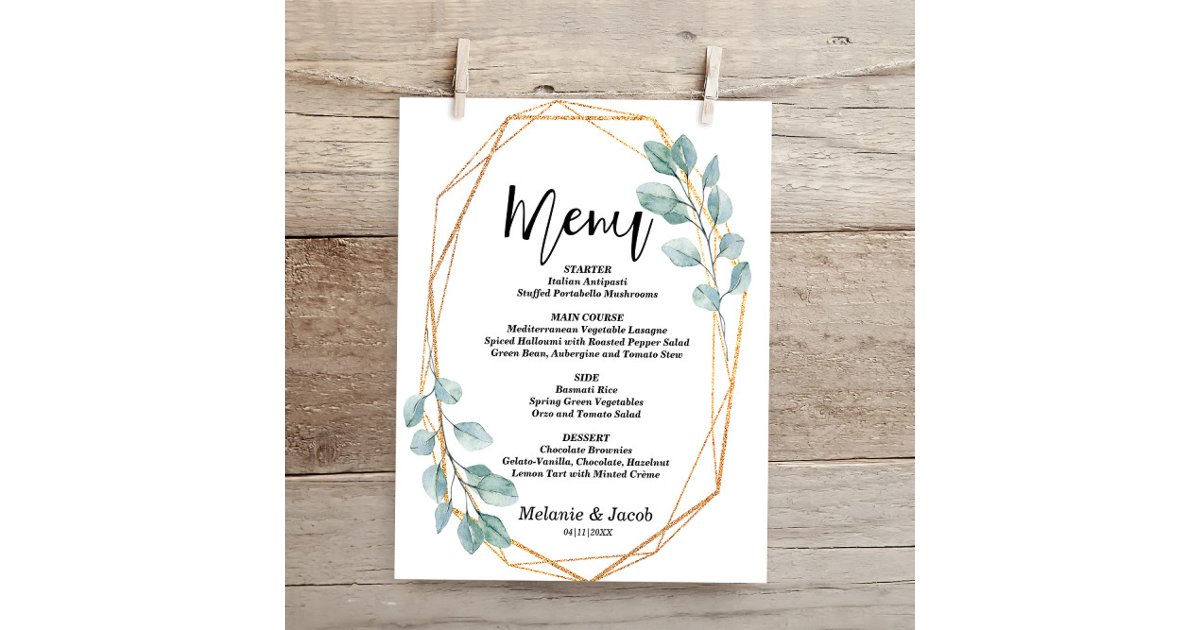 Budget Elegant Gold Greenery Flat Menu Card | Zazzle
