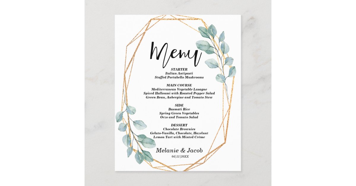 Budget Elegant Gold Greenery Flat Menu Card | Zazzle