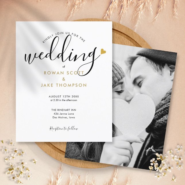 Budget Elegant Gold Heart Photo Wedding Invitation (Creator Uploaded)