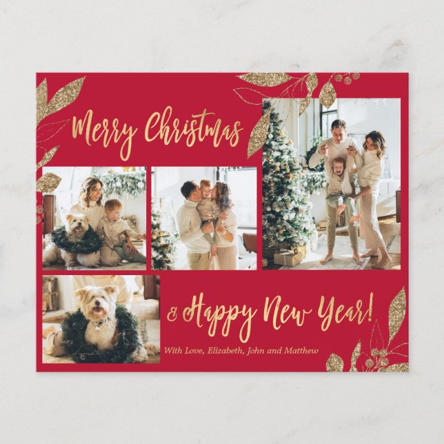 Budget Elegant Gold Leaves Photo Christmas Card (Front)