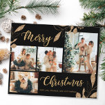 Budget Elegant Gold Leaves Photo Christmas Card<br><div class="desc">Budget, Elegant, Modern Gold and Black Botanical Leaves 4 Photo Collage Merry Christmas Holiday personalized affordable low budget THIN card. ***PLEASE NOTE! *** BUDGET PAPER/FLYER IS THIN. *** UPGRADE THE PAPER FOR A THICKER PAPER. *** This festive, mimimalist, whimsical four (4) photo holiday card template features a pretty photo collage,...</div>
