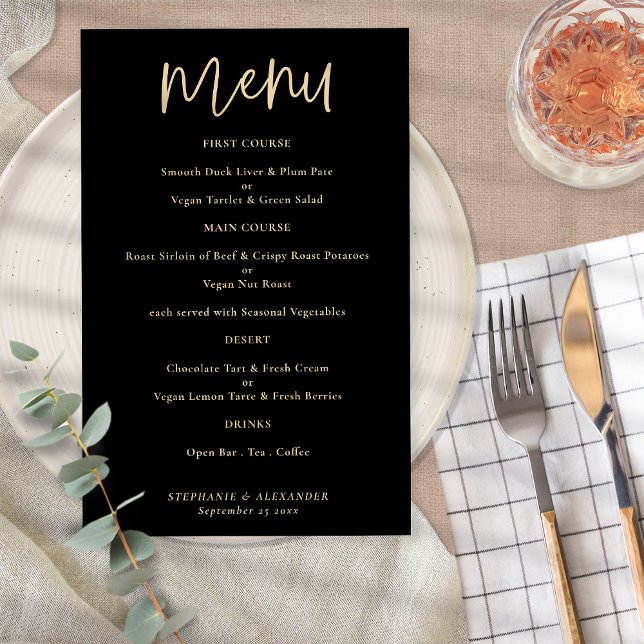 Budget Elegant Gold Script Black Wedding Menu (Creator Uploaded)