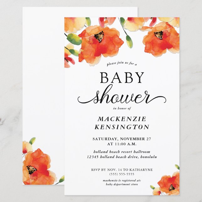 Budget Elegant Golden Poppy Baby Shower Invitation (Front/Back)
