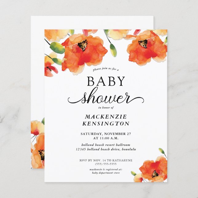 Budget Elegant Golden Poppy Baby Shower Invitation (Front/Back)