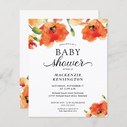 Budget Elegant Golden Poppy Baby Shower Invitation