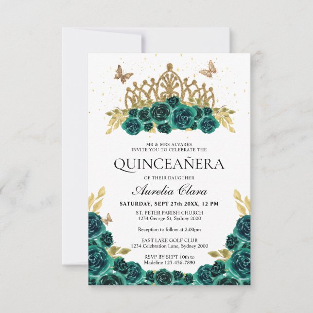 BUDGET Elegant Green Floral Gold Tiara Quinceanera Note Card (Front)