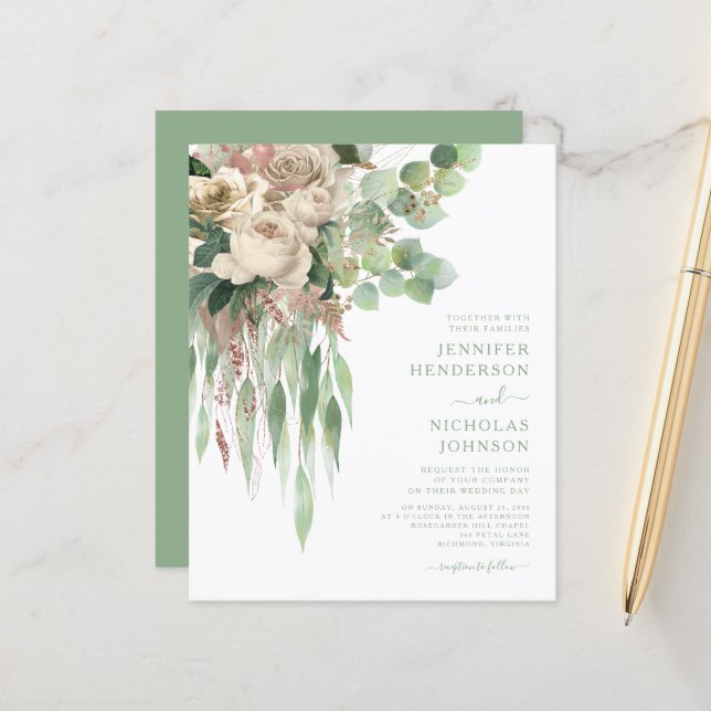Budget Elegant Green Floral Roses Wedding (Front/Back In Situ)