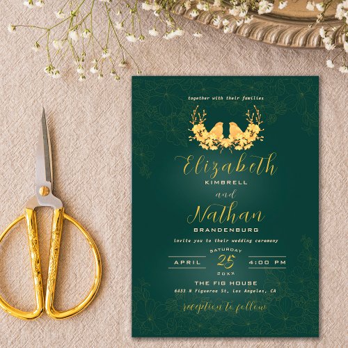 Budget Elegant Green Gold Birds Wedding Invite