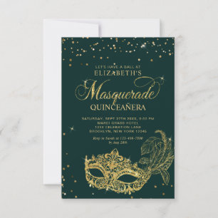 BUDGET Elegant Green Gold Masquerade Quinceañera Note Card