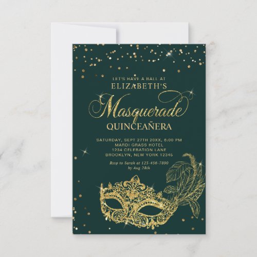 BUDGET Elegant Green Gold Masquerade Quinceaera Note Card