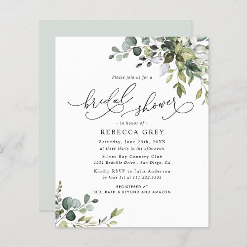 Budget Elegant Greenery Bridal Shower Invitation - This elegant Boho Greenery collection features mixed watercolor greenery leaves paired with a classy serif & delicate sans font in black, with a monogram on the back. Matching items available.