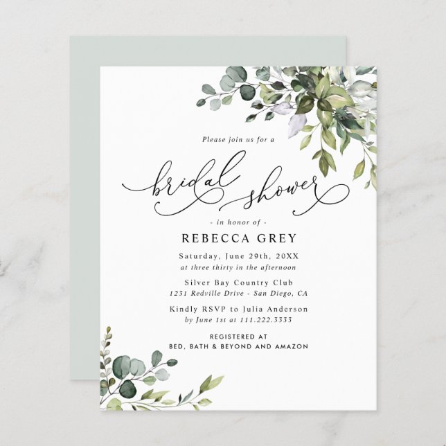 Budget Elegant Greenery Bridal Shower Invitation (Front/Back)