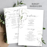 Budget elegant greenery leaves wedding program flyer<br><div class="desc">Modern simple elegant typography trendy leafy green and white wedding ceremony and party BUDGET program template PAPER FLYER (advertising type of paper) featuring a chic calligraphy script. Easy to personalize with your custom text on both sides! PLEASE READ THIS BEFORE PURCHASING! This is a cheap budget wedding program printed on...</div>
