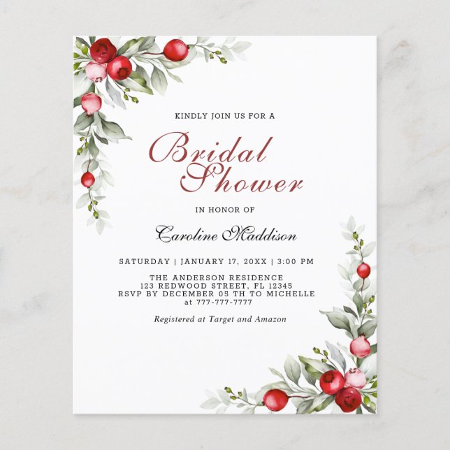 Budget Elegant Greenery Winter Bridal Shower Flyer (Front)