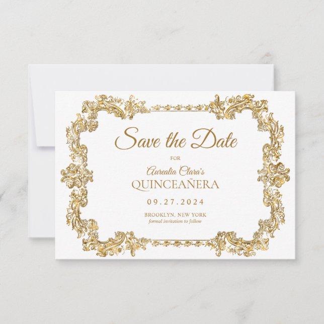BUDGET Elegant Ivory White Gold Frame Quinceanera Note Card (Front)