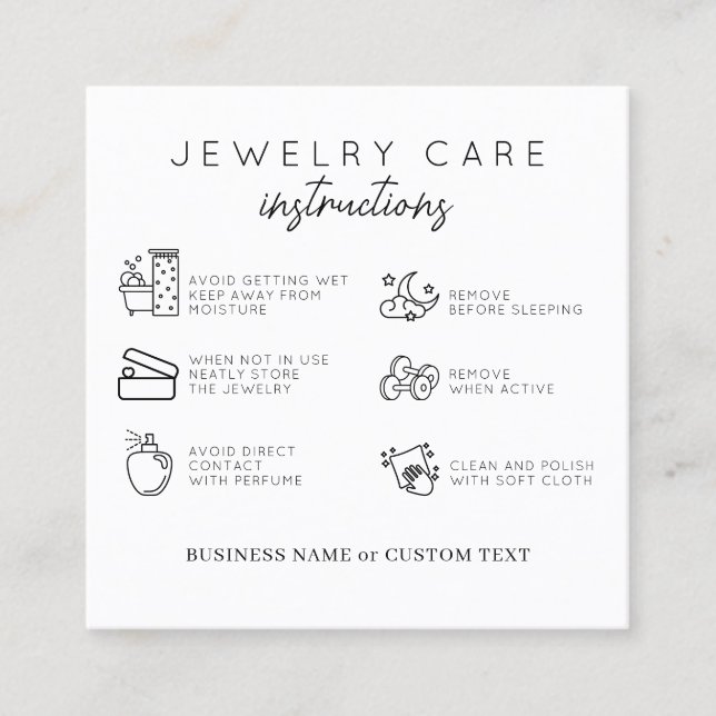 Budget Elegant Jewelry Care Instructions Thank You Square Business Card (Front)