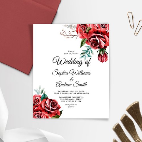 Budget Elegant Marsala Red Rose Wedding Invitation