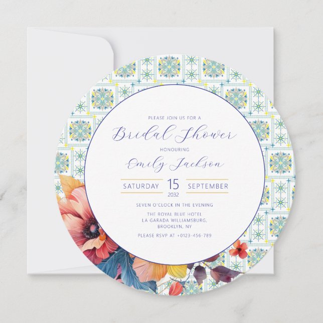 Budget Elegant Mexican Tiles Floral Blue  (Front)