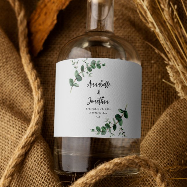 Budget elegant modern eucalyptus botanical wedding liquor bottle label (Creator Uploaded)