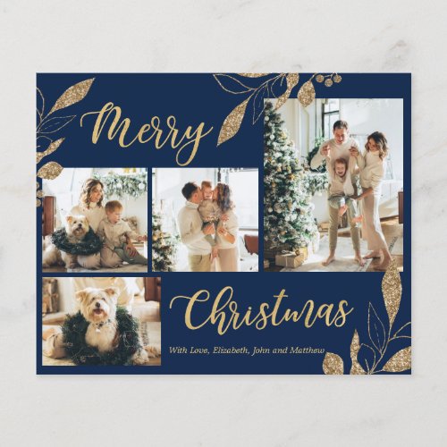 Budget Elegant Navy Blue Gold Photo Christmas Card
