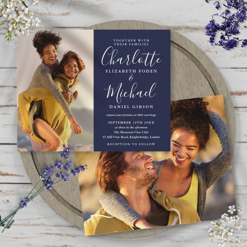 Budget Elegant Navy Blue Photos Wedding Invitation