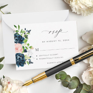 Budget elegant navy pink floral wedding mini RSVP Note Card