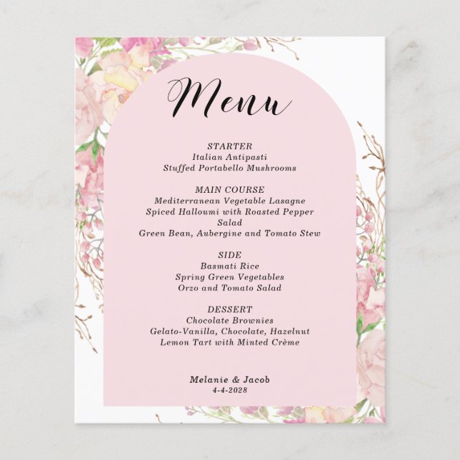 Budget Elegant Pink Floral Arch Menu Card (Front)