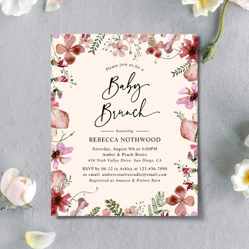 Budget Elegant Pink Floral Baby Brunch Invitation
