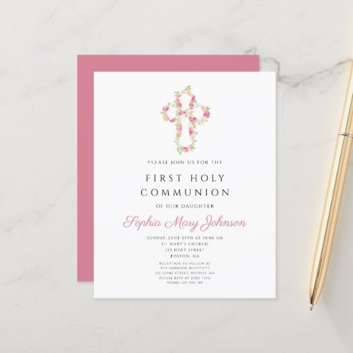 Budget Elegant Pink Floral Cross First Communion 